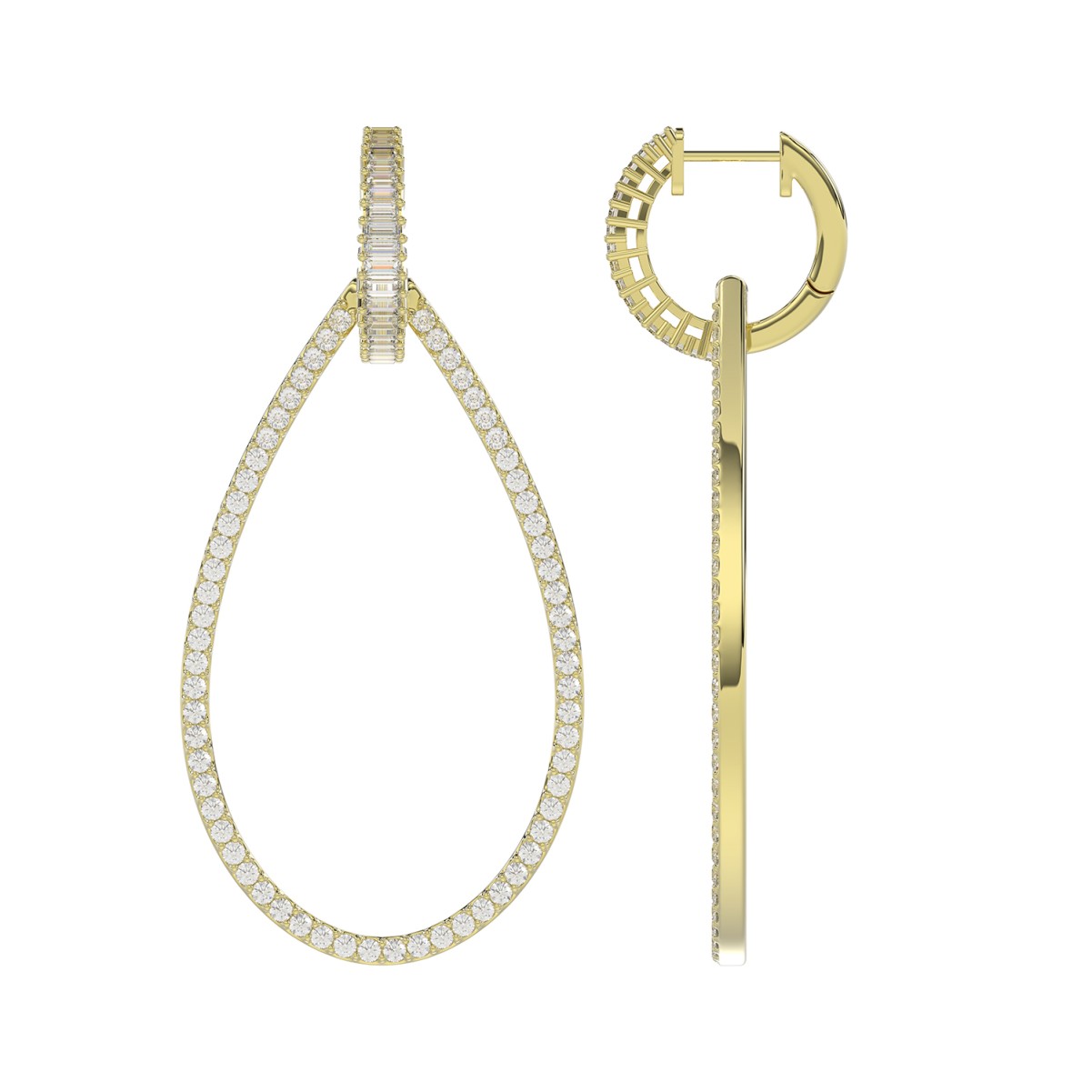 14K YELLOW GOLD 1 1/2CT ROUND/BAGUETTE DIAMOND LADIES HOOP EARRINGS