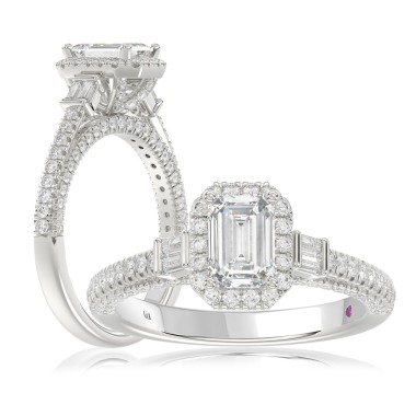 14K WHITE GOLD 1 3/8CT ROUND/BAGUETTE/EMERALD DIAMOND LADIES RING(CENTER STONE EMERALD DIAMOND 3/4CT)