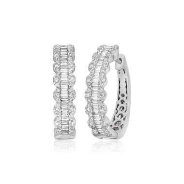 14K WHITE GOLD 1CT ROUND/BAGUETTE DIAMOND LADIES HOOPS EARRINGS 