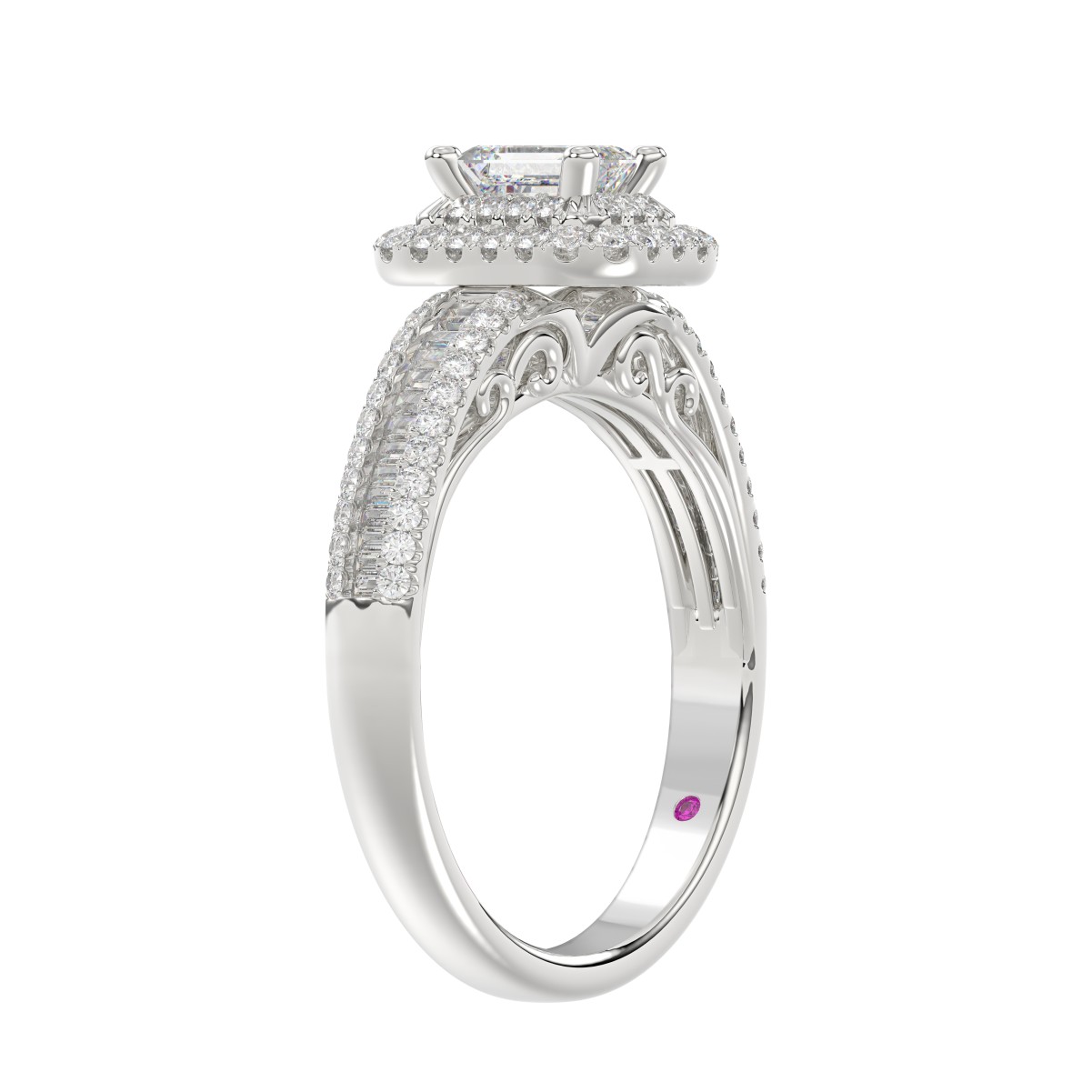 14K WHITE GOLD 1CT ROUND/BAGUETTE/EMERALD DIAMOND LADIES RING(CENTER STONE EMERALD DIAMOND 1/2CT)