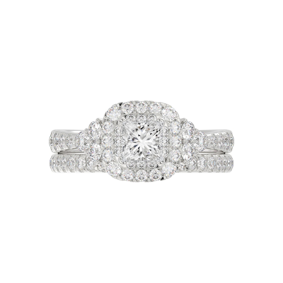 14K WHITE GOLD 1 1/2CT ROUND/PRINCESS DIAMOND LADIES BRIDAL SET(CENTER STONE PRINCESS DIAMOND 1/2CT)