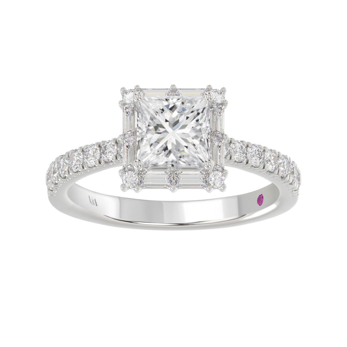 14K WHITE GOLD 1/2CT ROUND/BAGUETTE DIAMOND LADIES SEMI MOUNT RING(CENTER STONE MOUNT PRINCESS DIAMOND 1CT)