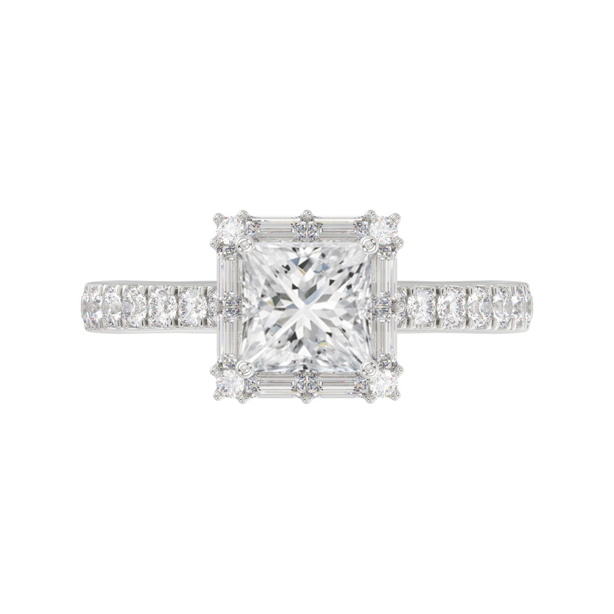 14K WHITE GOLD 1/2CT ROUND/BAGUETTE DIAMOND LADIES SEMI MOUNT RING(CENTER STONE MOUNT PRINCESS DIAMOND 1CT)