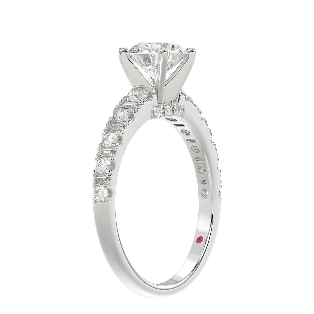 14K WHITE GOLD 1/2CT ROUND/BAGUETTE DIAMOND LADIES RING(CENTER STONE MOUNT ROUND DIAMOND 1CT)