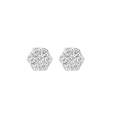 14K WHITE GOLD 1/6CT ROUND DIAMOND LADIES FLOWER EARRINGS 