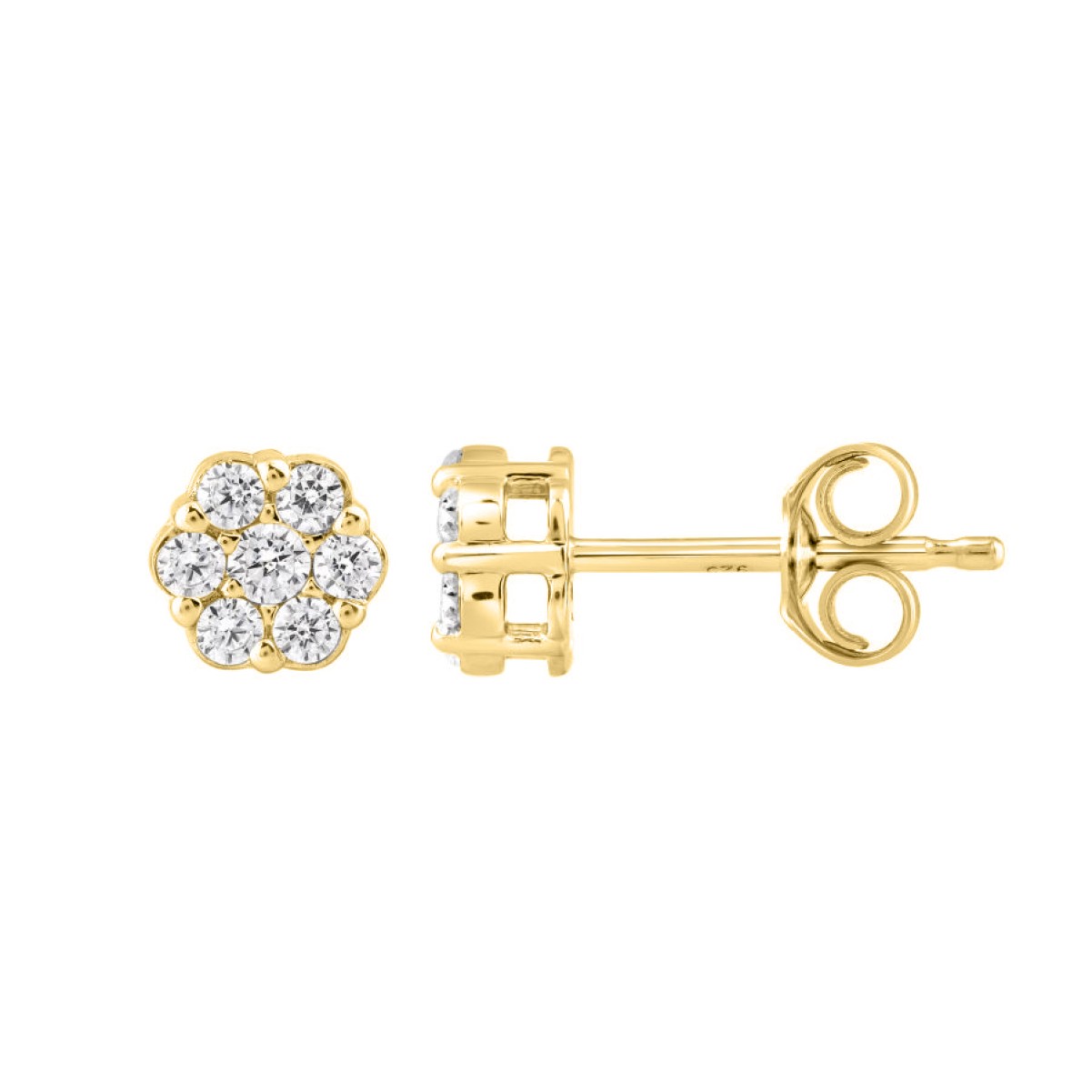 14K YELLOW GOLD 1/6CT ROUND DIAMOND LADIES FLOWER EARRINGS 