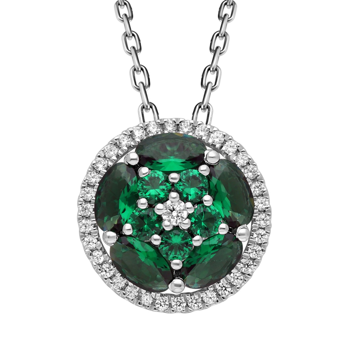 14K WHITE GOLD 2 3/8CT ROUND/OVAL DIAMOND LADIES PENDANT WITH CHAIN(COLOR STONE OVAL GREEN EMERALD DIAMOND 1 3/4CT)
