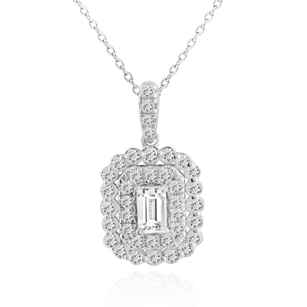 14K WHITE GOLD 3/4CT ROUND DIAMOND LADIES PENDANT WITH CHAIN(CENTER STONE SHAPE EMERALD DIAMOND 1/4CT)