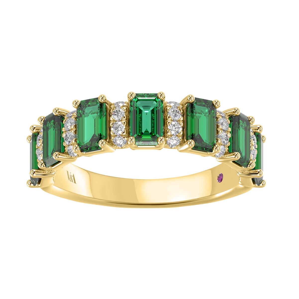 14K YELLOW GOLD 2CT ROUND/EMERALD DIAMOND LADIES BAND(COLOR STONE GREEN EMERALD DIAMOND 1 7/8CT)