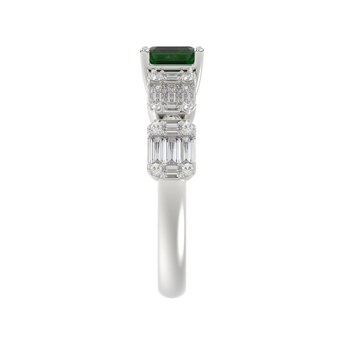 18K WHITE GOLD 1 3/8CT ROUND/BAGUETTE/EMERALD DIAMOND LADIES RING(COLOR STONE GREEN EMERALD DIAMOND 7/8CT)