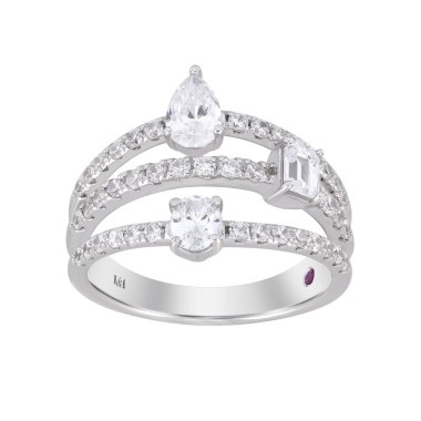 14K WHITE GOLD 1 1/2CT ROUND/EMERALD/OVAL/PEAR DIAMOND LADIES FASHION RING( CENTER STONE SHAPE EMERALD/OVAL/PEAR 7/8CT/3 STONE)