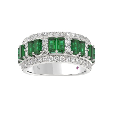 14K WHITE GOLD 2CT ROUND/BAGUETTE DIAMOND LADIES FASHION RING( COLOR STONE BUGUETTE GREEN EMERALD DIAMOND 1.20CT/10 STONE)
