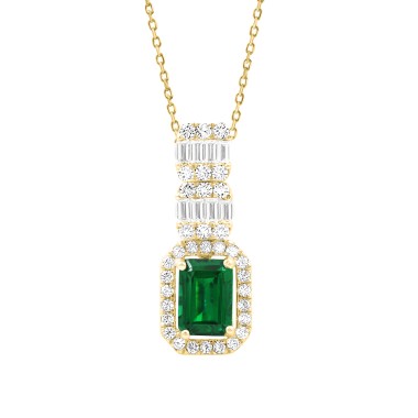 14K YELLOW GOLD 1 1/3CT ROUND/BAGUETTE/EMERALD DIAMOND LADIES PENDANT WITH CHAIN(COLOR STONE GREEN EMERALD DIAMOND 7/8CT)