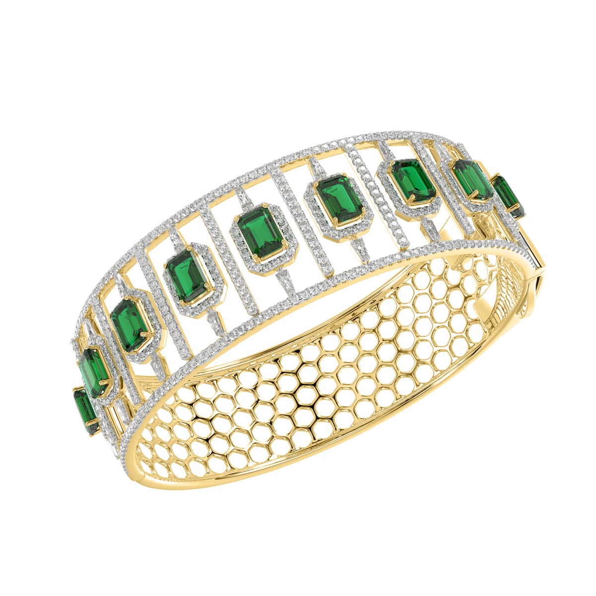 14K YELLOW GOLD 8CT ROUND/BAGUETTE/EMERALD DIAMOND LADIES BANGLE(COLOR STONE GREEN EMERALD DIAMOND 4 3/4CT)