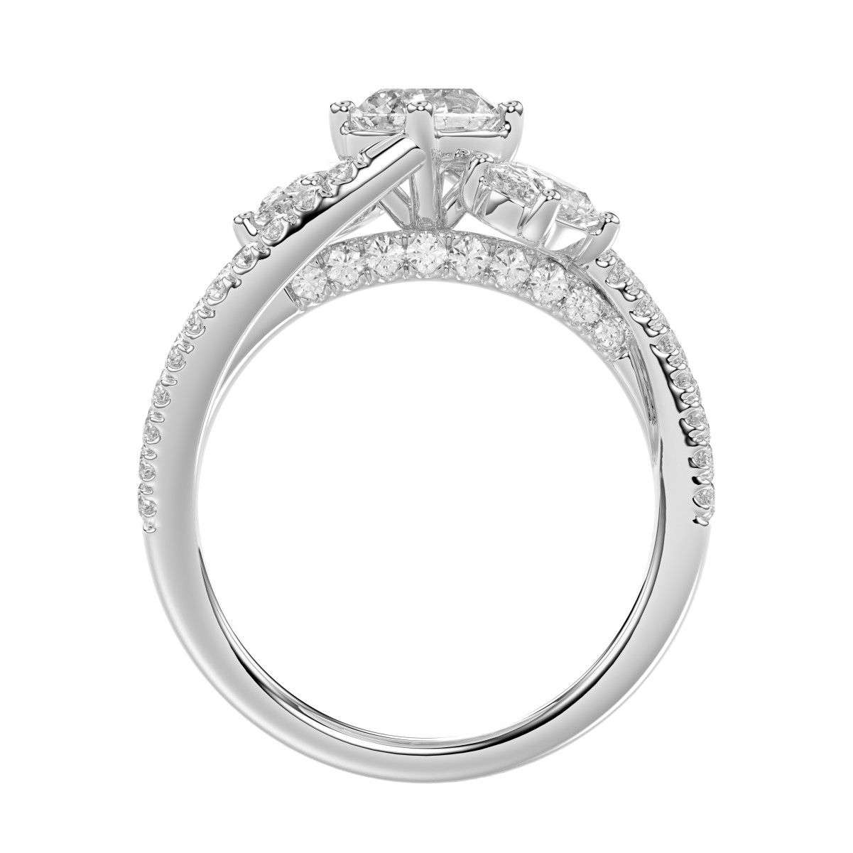 14K WHITE GOLD 2CT ROUND/OVAL DIAMOND LADIES FASHION RING(CENTER STONE OVAL DIAMOND 3/4CT / 2 SIDE STONE OVAL DIAMOND 7/8 CT)