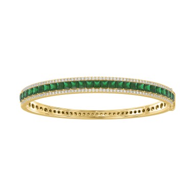 14K YELLOW GOLD 4 1/3CT ROUND/PRINCESS DIAMOND LADIES BANGLE(COLOR STONE PRINCESS GREEN EMERALD DIAMOND 3 1/4CT)