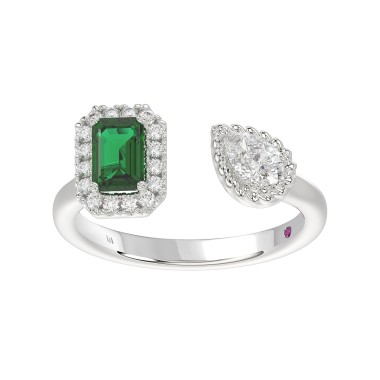 14K WHITE GOLD 1CT ROUND/EMERALD/PEAR DIAMOND LADIES RING(COLOR STONE GREEN EMERALD DIAMOND 1/4CT)