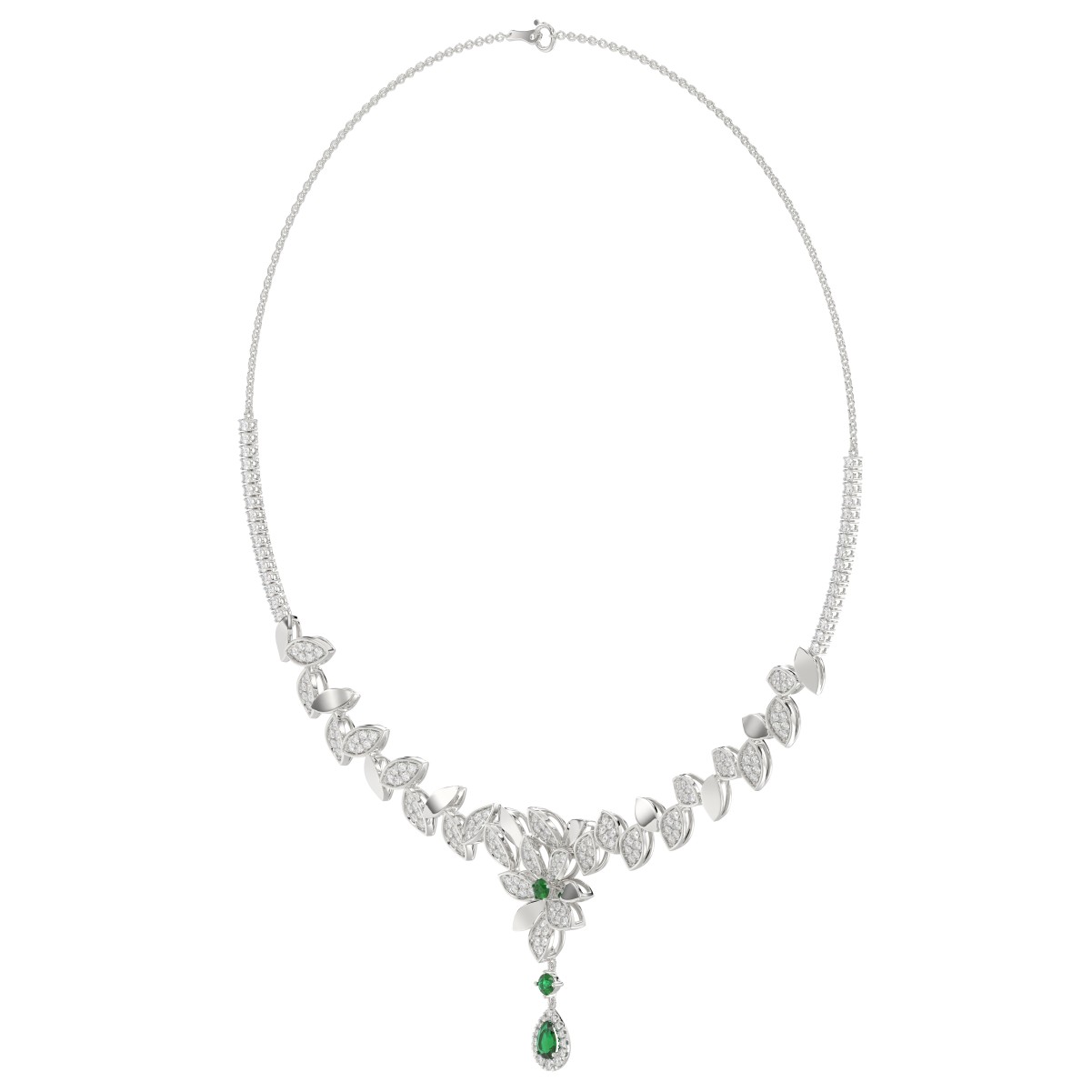 18K WHITE GOLD 3 1/5CT ROUND/EMERALD/PEAR DIAMOND LADIES NECKLACE(COLOR STONE GREEN EMERALD/ROUND DIAMOND 1/4CT/PEAR DIAMOND 1/2CT)