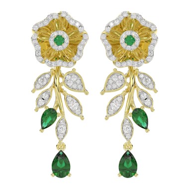 18K YELLOW GOLD 2 1/4CT ROUND/PEAR DIAMOND LADIES EARRINGS(COLOR STONE PEAR DIAMOND 1 3/8CT/EMERALD/ROUND DIAMOND 1/10CT)