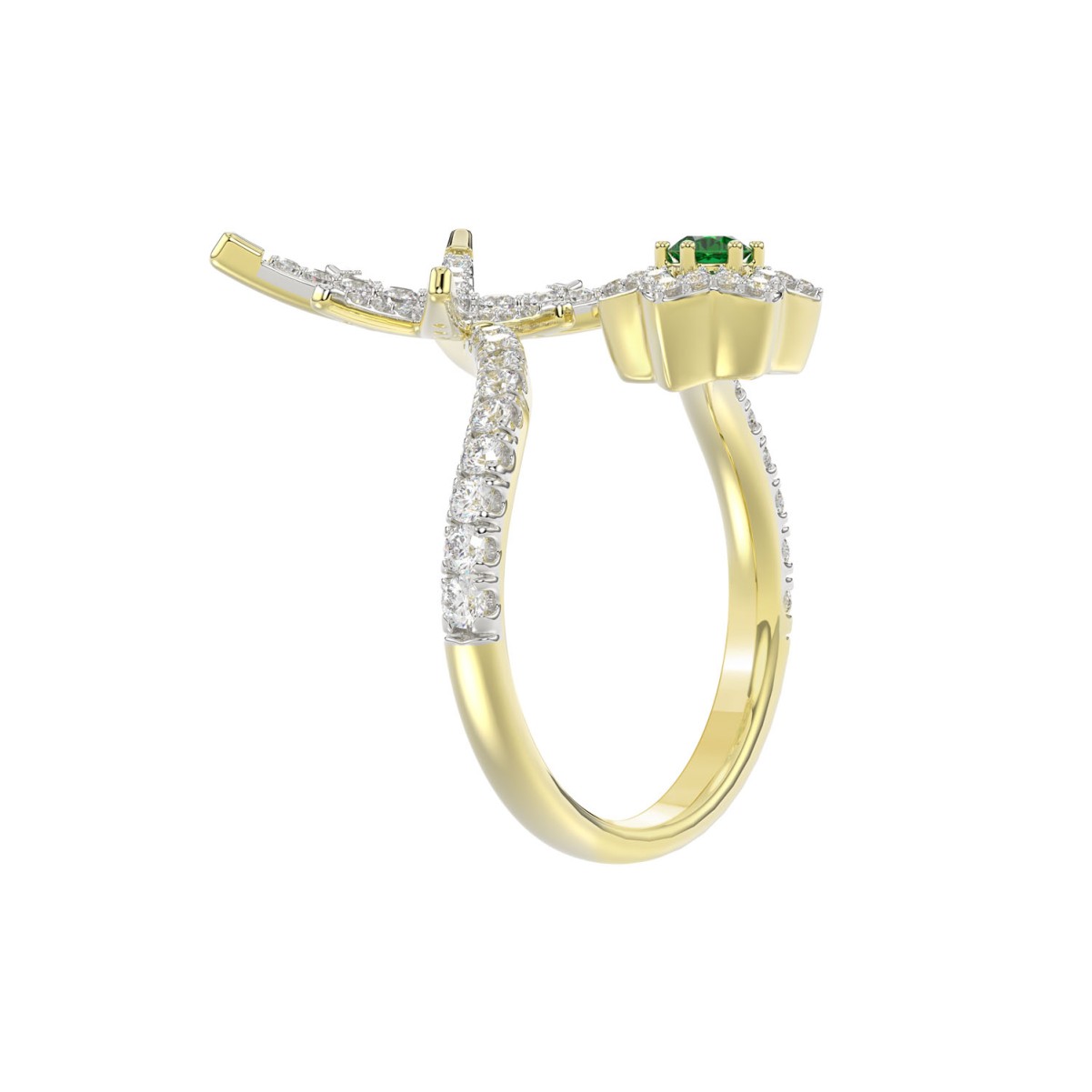 18K YELLOW GOLD 7/8CT ROUND/EMERALD DIAMOND LADIES RING(COLOR STONE EMERALD DIAMOND 1/8CT)