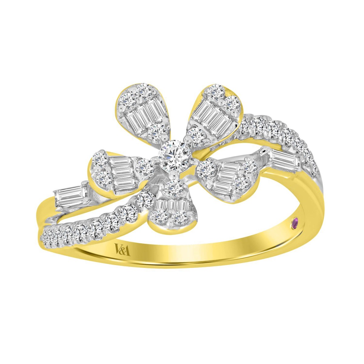 18K YELLOW GOLD 1/2CT ROUND/BAGUETTE DIAMOND LADIES RING 