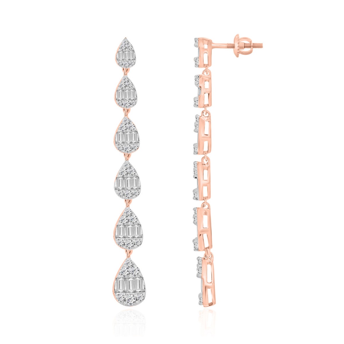 18K ROSE GOLD 1 1/5CT ROUND/BAGUETTE DIAMOND LADIES EARRINGS 