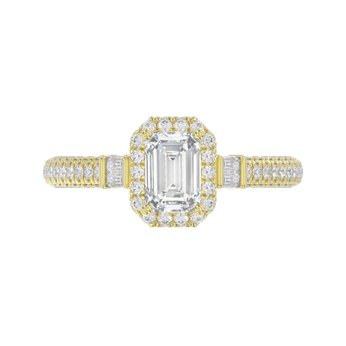 18K YELLOW GOLD 1 3/8CT ROUND/BAGUETTE/EMERALD DIAMOND LADIES RING(CENTER STONE EMERALD DIAMOND 3/4CT)