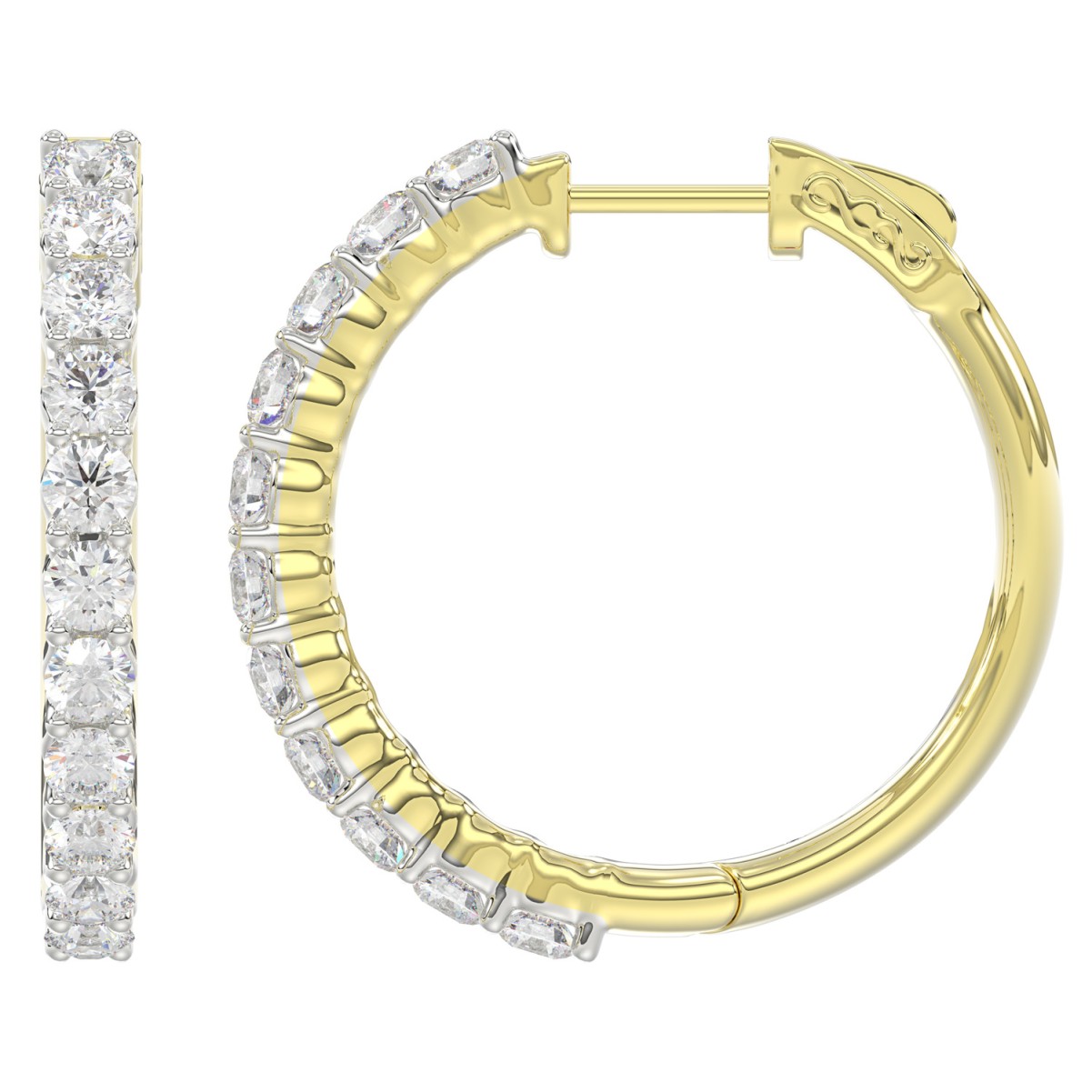 18K YELLOW GOLD 2CT ROUND DIAMOND LADIES HOOPS EARRINGS 