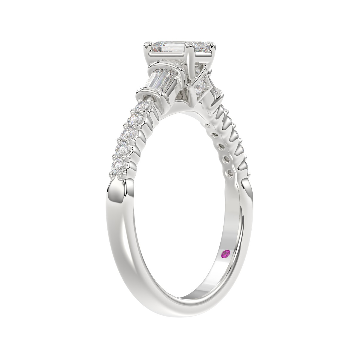 18K WHITE GOLD 3/4CT ROUND/BAGUETTE/EMERALD DIAMOND LADIES RING (CENTER STONE EMERALD DIAMOND 1/2CT)