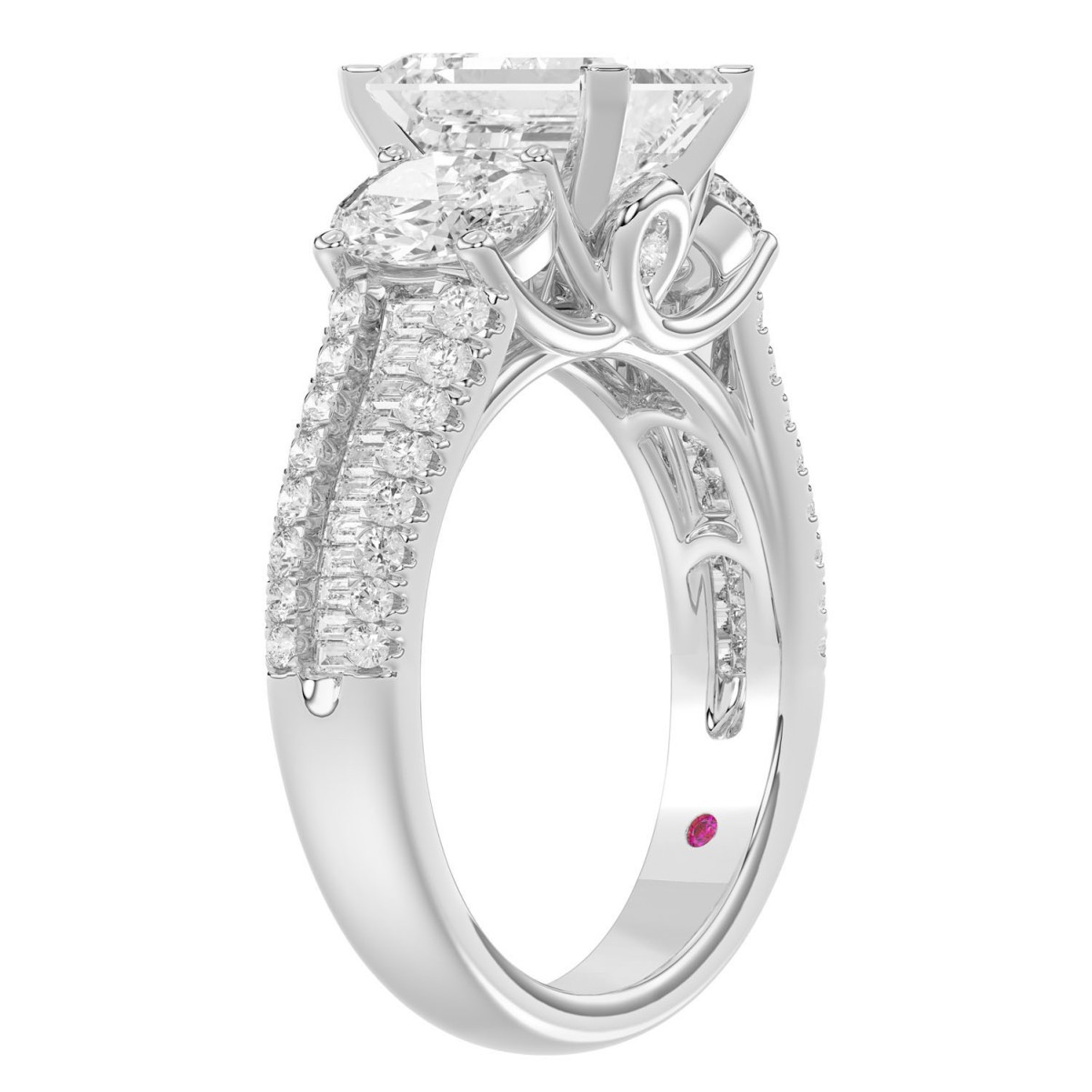 18K WHITE GOLD 3 1/2CT ROUND/EMRALD/BAGUETTE DIAMOND LADIES SEMI MOUNT RING(CENTER STONE MOUNT EMERALD DIAMOND 2CT)