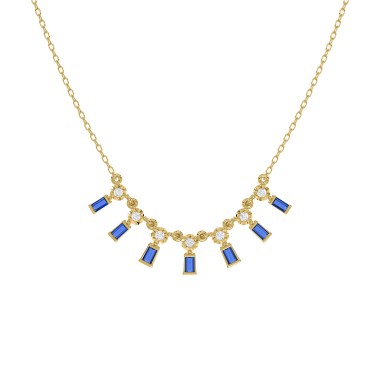 18K YELLOW GOLD 1/3CT ROUND/BAGUETTE DIAMOND LADIES NECKLACE (COLOR STONE BLUE SAPPHIRE 1/5CT)