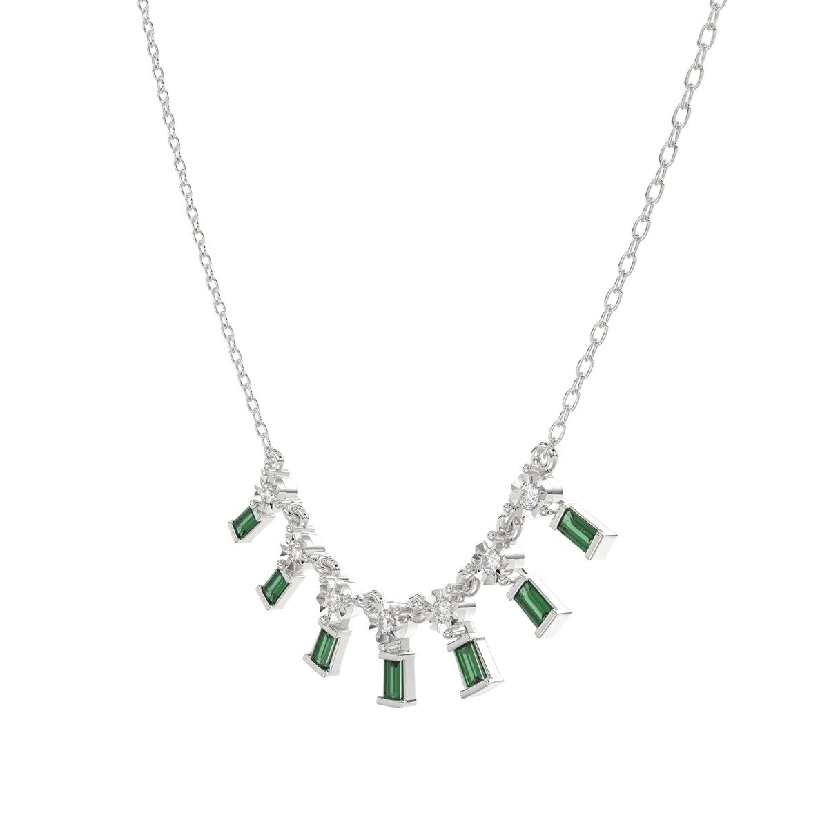 14K WHITE GOLD 3/8CT ROUND/BAGUETTE/PINK SAPPHIRE DIAMOND LADIES NECKLACE (EMERALD DIAMOND 1/3CT)