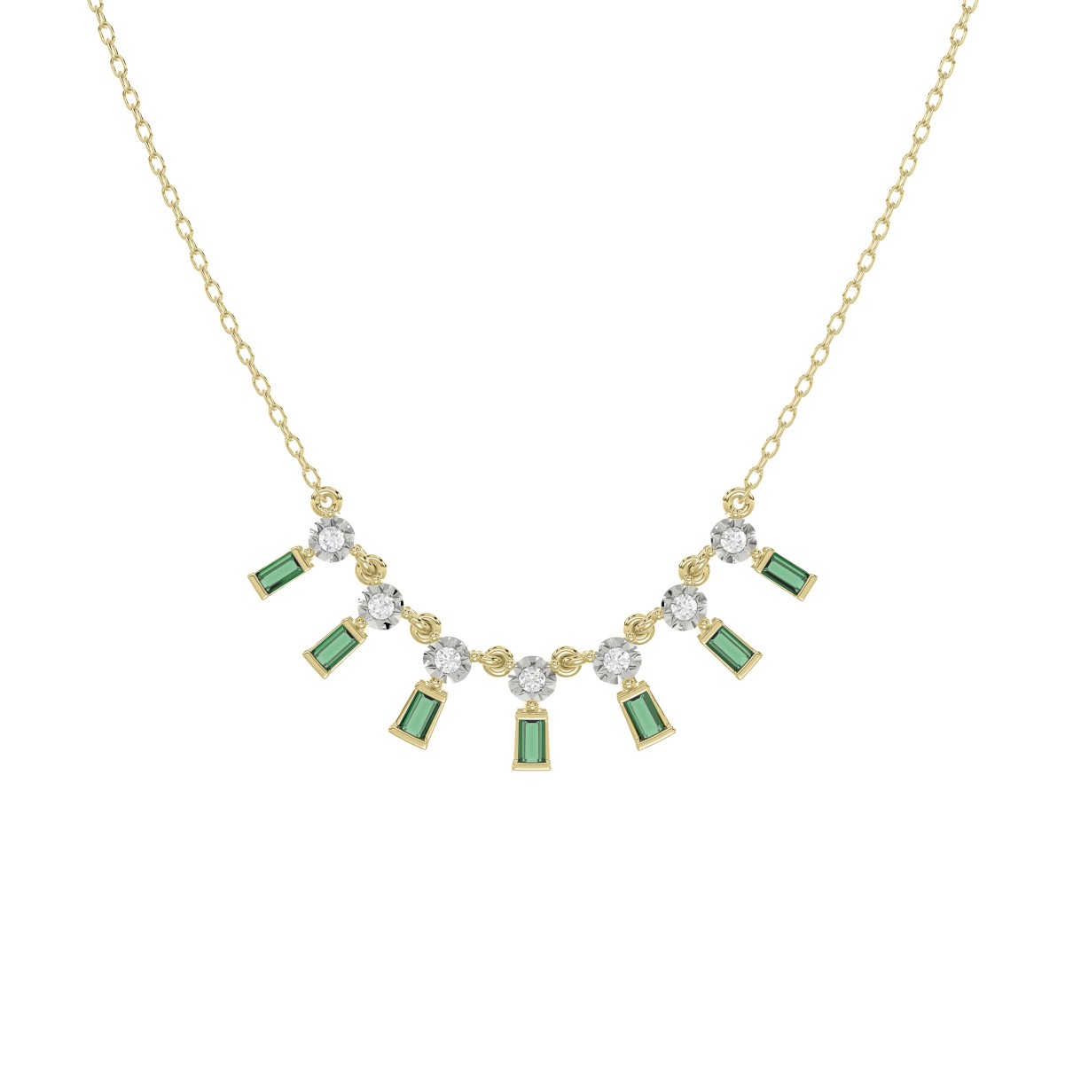 14K YELLOW GOLD 3/8CT ROUND/BAGUETTE/PINK SAPPHIRE DIAMOND LADIES NECKLACE (EMERALD DIAMOND 1/3CT)