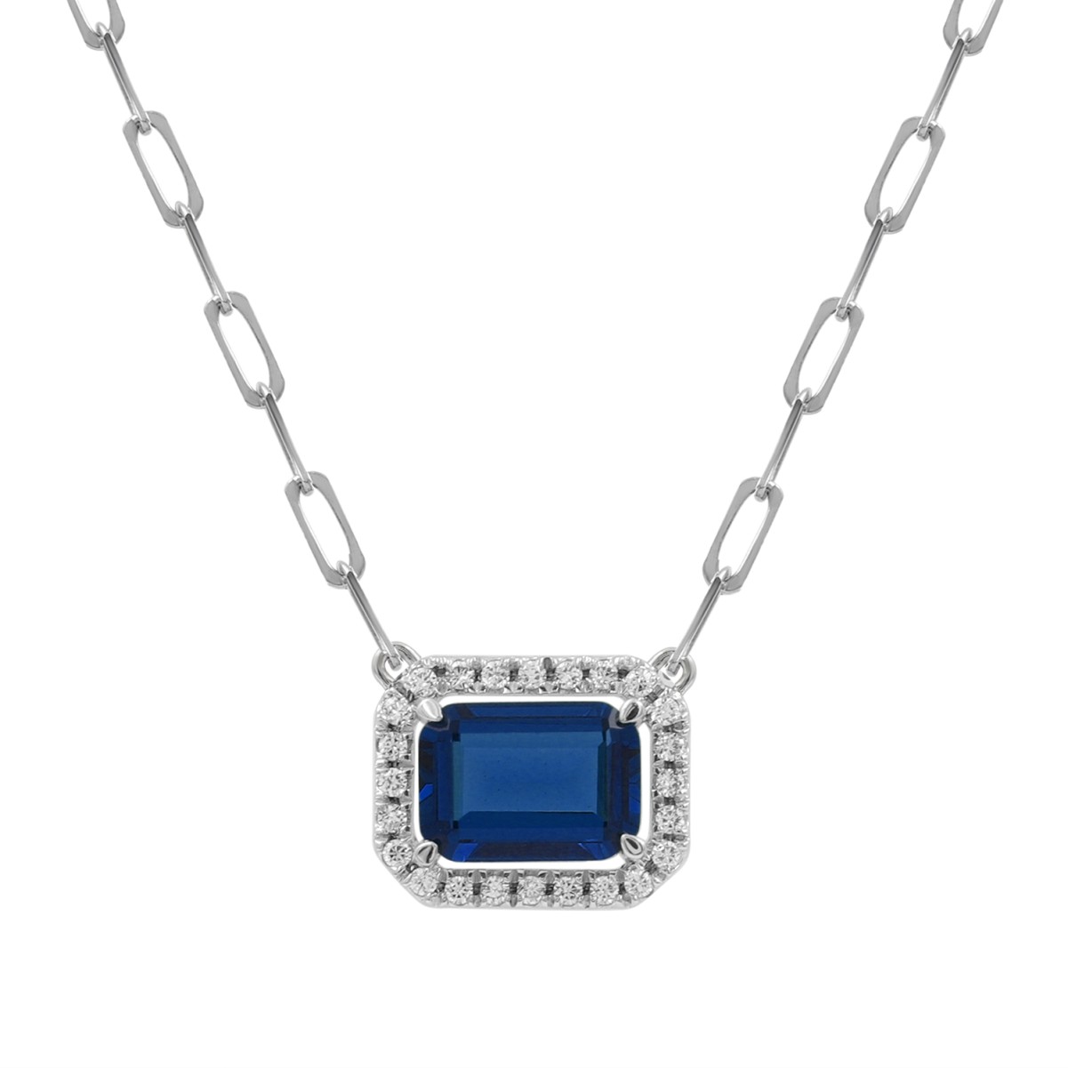 14K WHITE GOLD 1 1/5CT ROUND DIAMOND/EMERALD BLUE SAPPHIRE DIAMOND LADIES NECKLACE (CENTER STONE EMERALD BLUE SAPPHIRE DIAMOND 1CT)