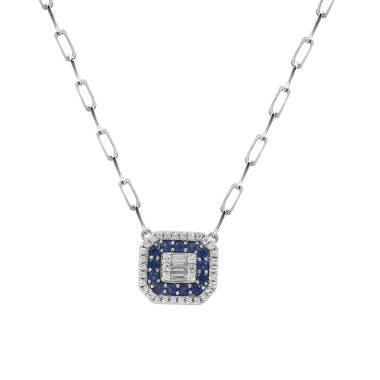 18K WHITE GOLD 5/8CT ROUND/BAGUETTE DIAMOND LADIES NECKLACE(COLOR STONE ROUND SAPPHIRE DIAMOND 5/8CT)