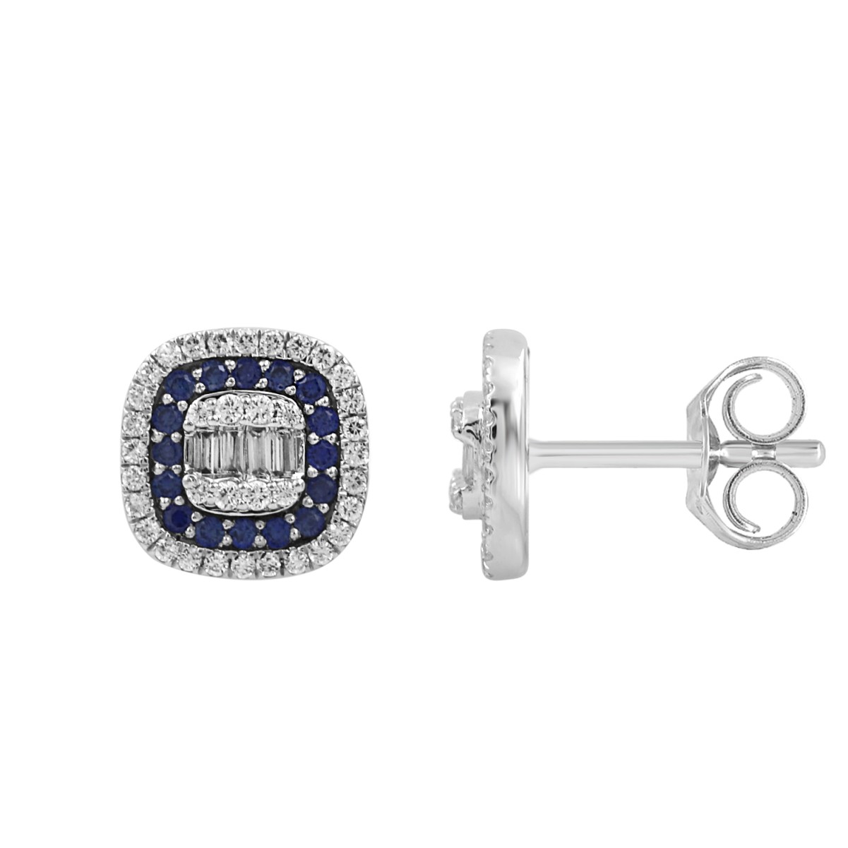 18K WHITE GOLD 7/8CT ROUND/BAGUETTE DIAMOND LADIES EARRINGS(COLOR STONE ROUND SAPPHIRE DIAMOND 1/2CT)