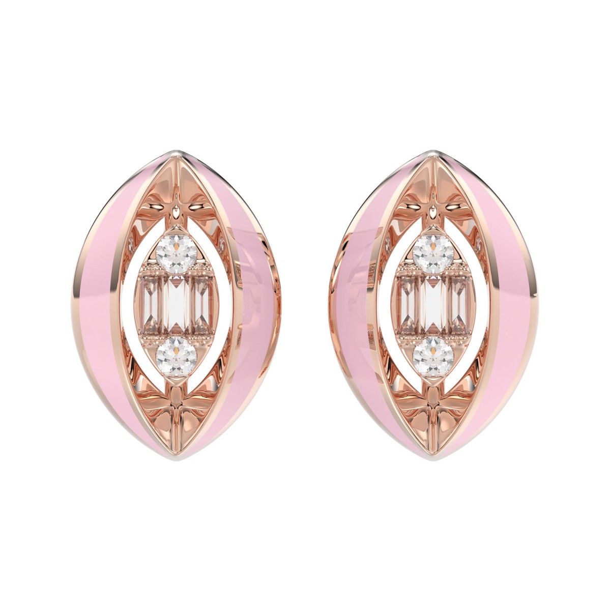 18K ROSE GOLD 1/10CT ROUND/BAGUETTE DIAMOND LADIES EARRINGS (AURORA PINK ENAMEL) 18K ROSE GOLD 1/10CT ROUND/BAGUETTE DIAMOND LADIES EARRINGS (AURORA PINK ENAMEL)