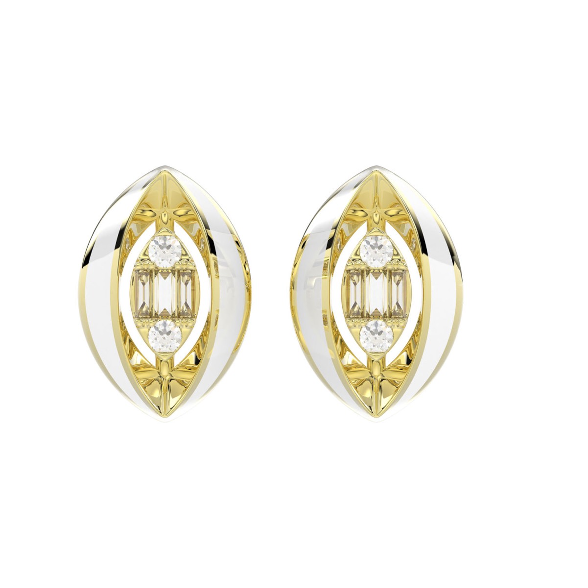 18K YELLOW GOLD 1/10CT ROUND/BAGUETTE DIAMOND LADIES EARRINGS (SOFT WHITE ENAMEL)