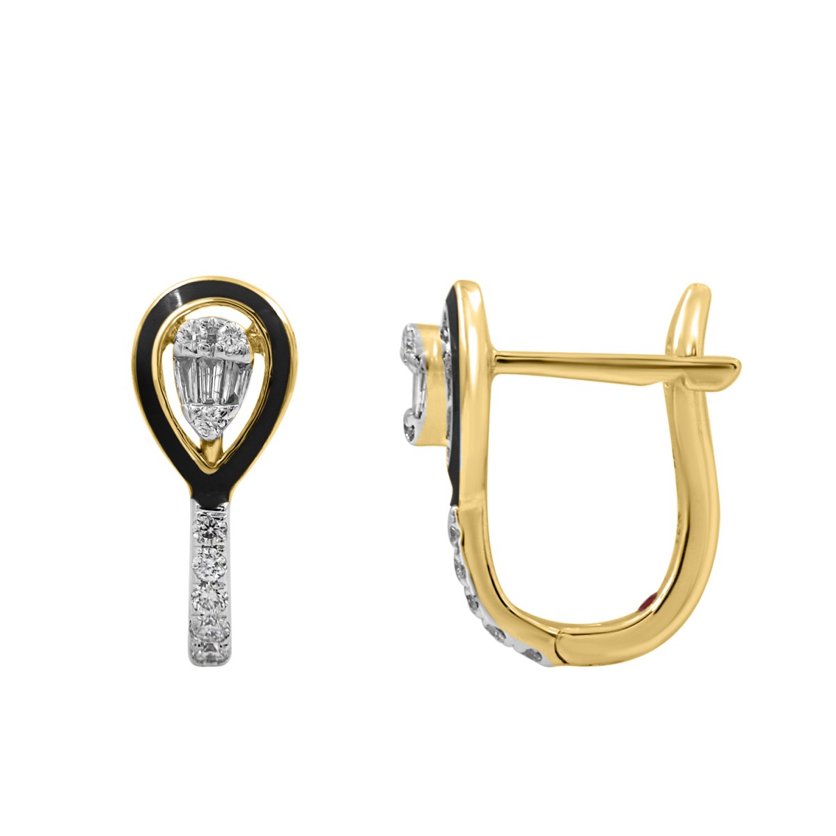 18K YELLOW GOLD 1/3CT ROUND/BAGUETTE DIAMOND LADIES EARRINGS (MIDNIGHT BLACK ENAMEL)