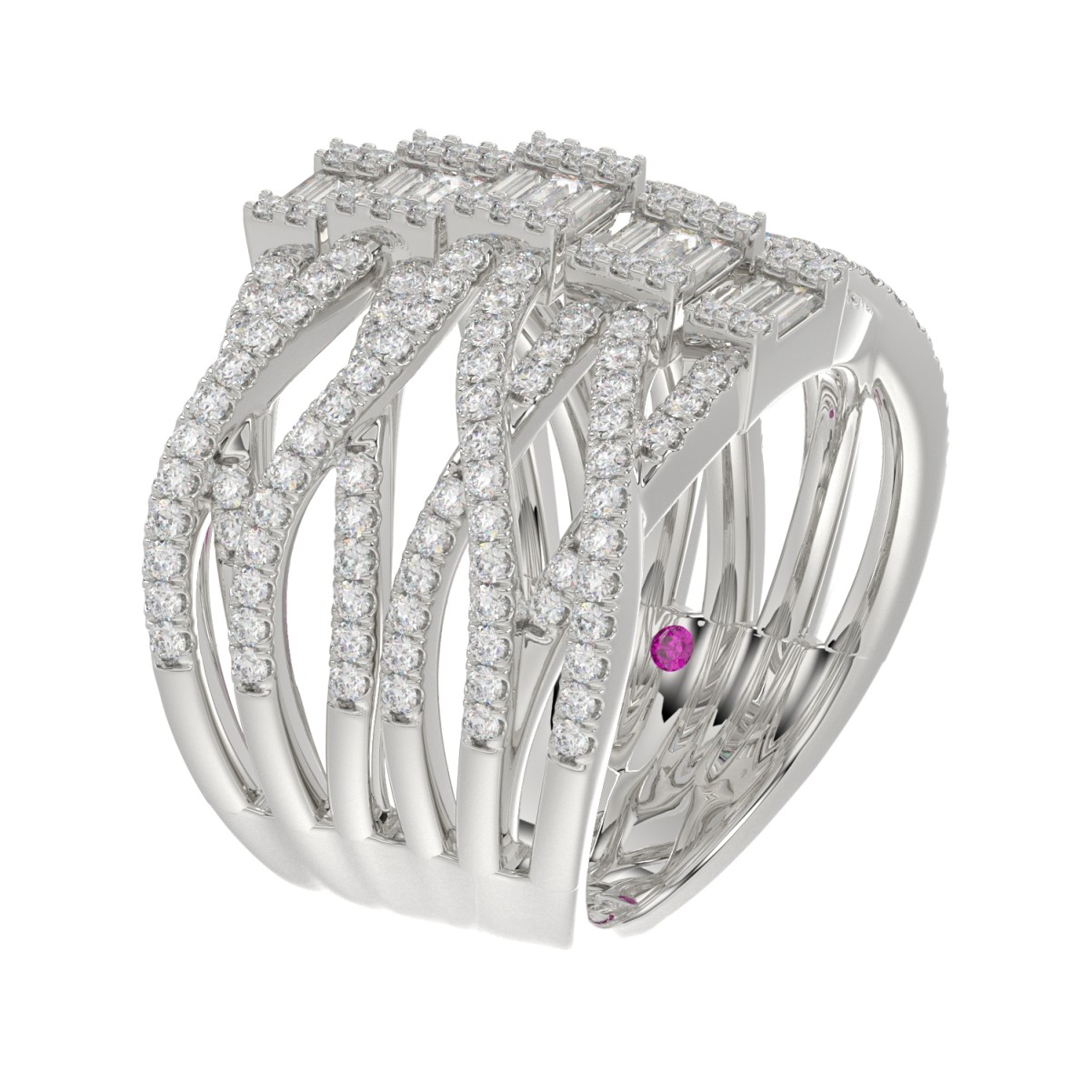 18K WHITE GOLD 1 3/4CT ROUND/BAGUETTE DIAMOND LADIES FASHION RING