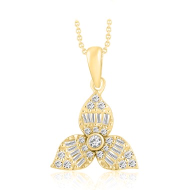 18K YELLOW GOLD 1/4CT ROUND/BAGUETTE DIAMOND LADIES PENDANT WITH CHAIN  