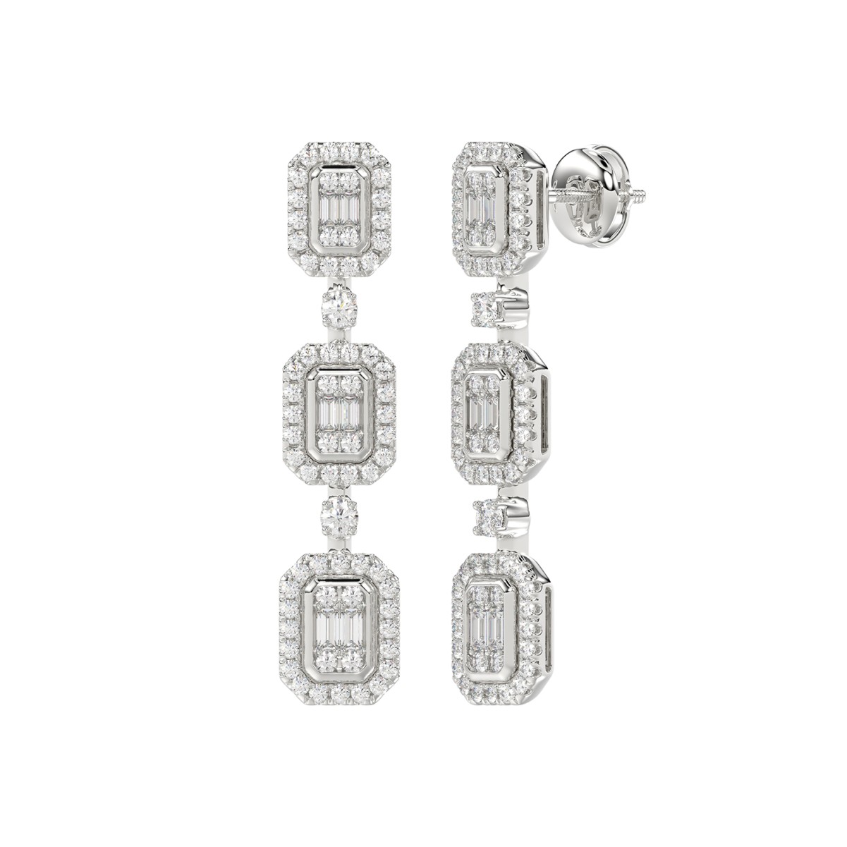 18K WHITE GOLD 1CT ROUND/BAGUETTE DIAMOND LADIES EARRINGS 