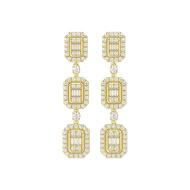 18K YELLOW GOLD 1CT ROUND/BAGUETTE DIAMOND LADIES EARRINGS 