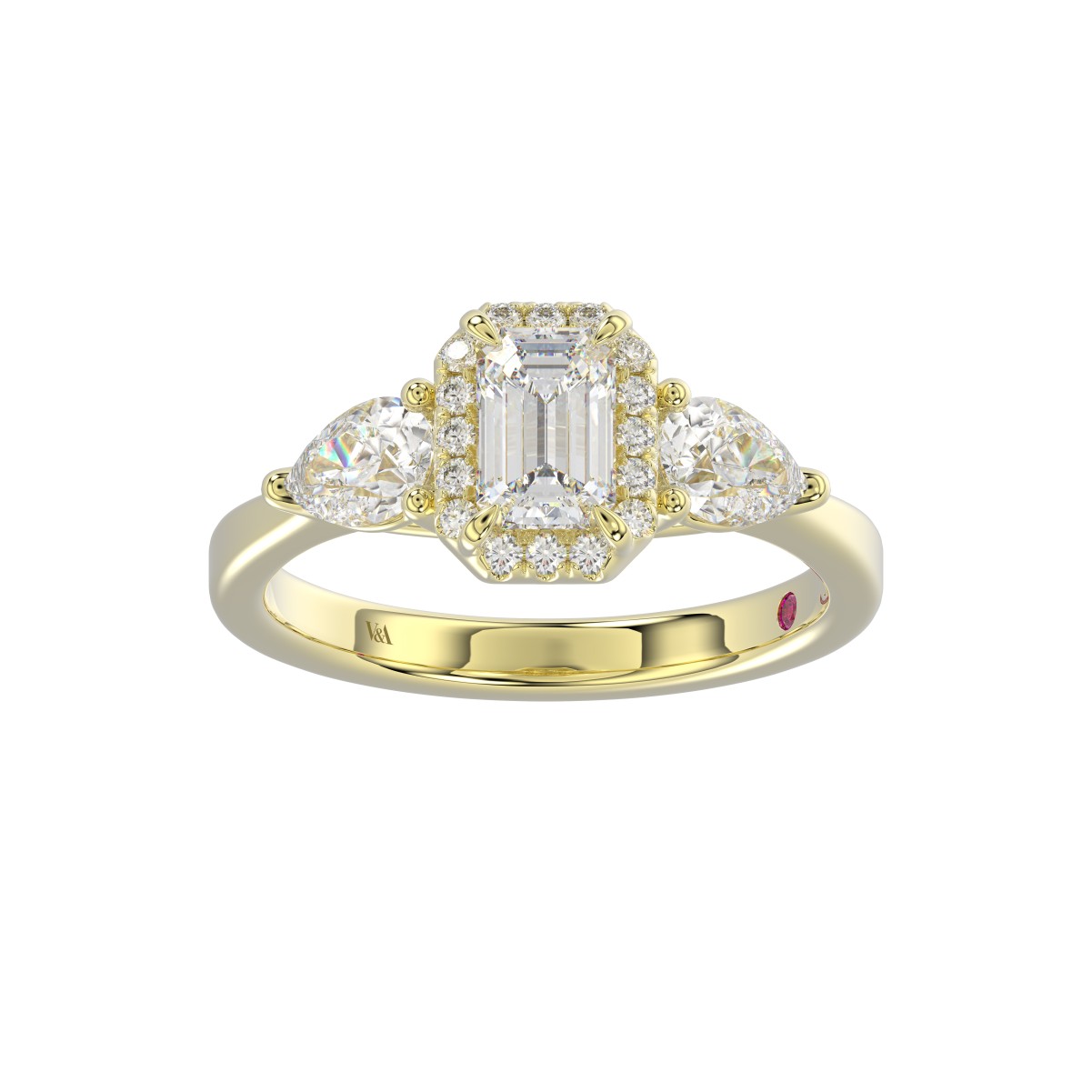 18K YELLOW GOLD 1 1/2CT ROUND/PEAR/EMERALD DIAMOND LADIES RING(CENTER STONE EMERALD DIAMOND 3/4CT)