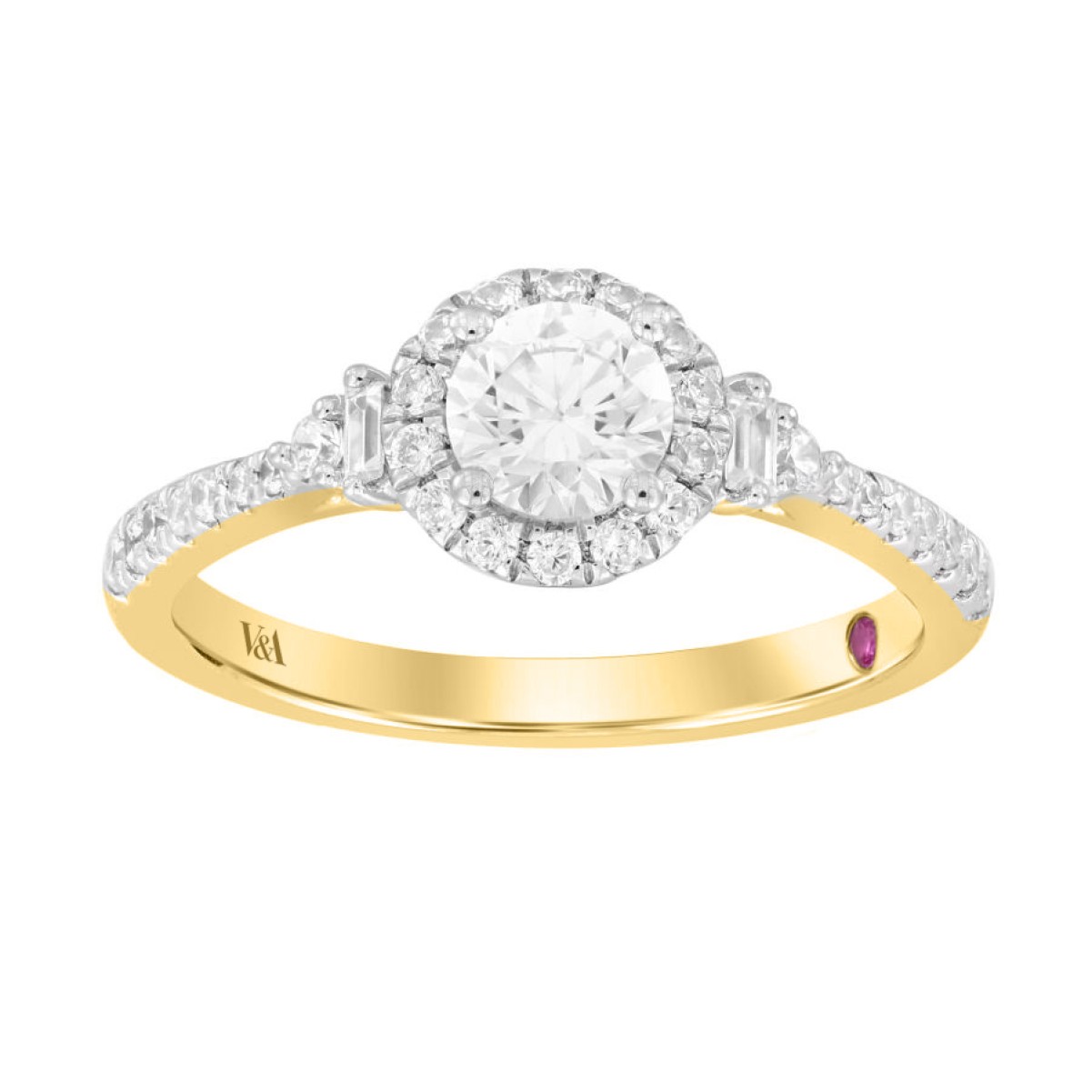 18K YELLOW GOLD 7/8CT ROUND/BAGUETTE DIAMOND LADIES RING(CENTER STONE ROUND DIAMOND 1/2CT)