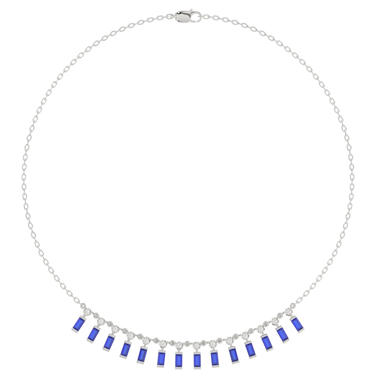 14K WHITE GOLD 7/8CT ROUND/BAGUETTE/PINK SAPPHIRE DIAMOND LADIES NECKLACE (BAGUETTE BLUE SAPPHIRE DIAMOND 3/4CT)
