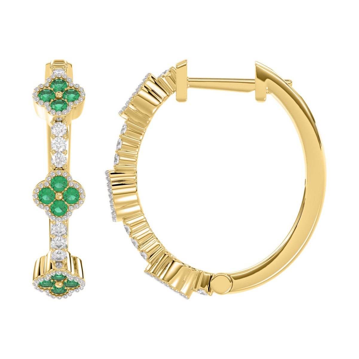 14K YELLOW GOLD 1/2CT ROUND/PINK SAPPHIRE DIAMOND LADIES HOOP EARRINGS (ROUND EMERALD DIAMOND 1/3CT)