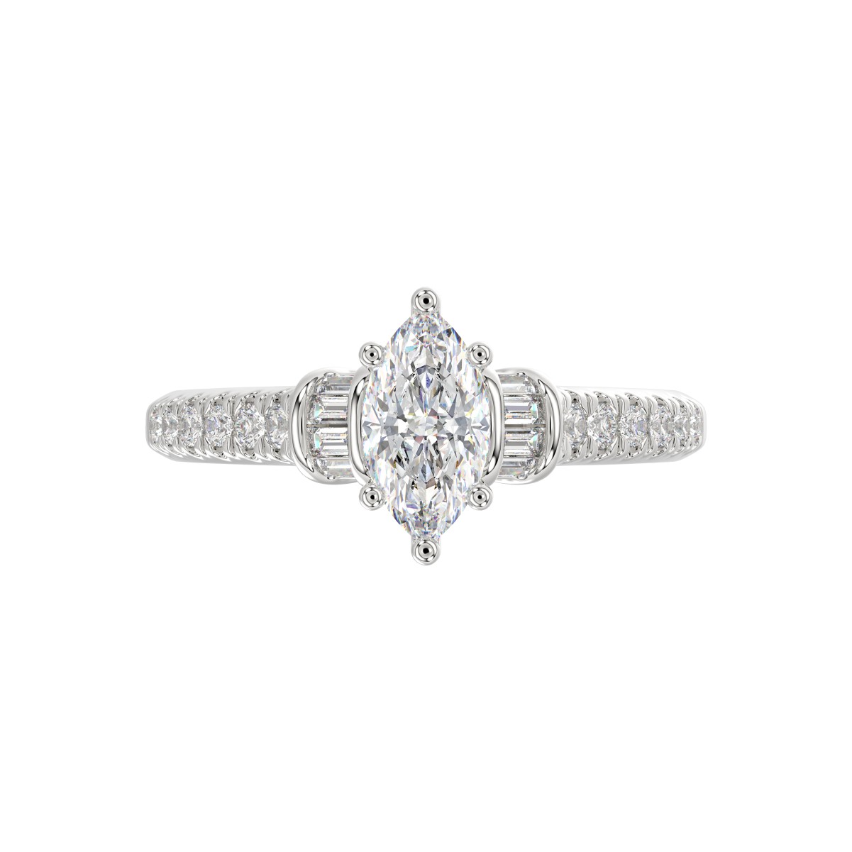 18K WHITE GOLD 1/10CT ROUND/MARQUISE DIAMOND LADIES RING (CENTER STONE MARQUISE DIAMOND 3/4CT)