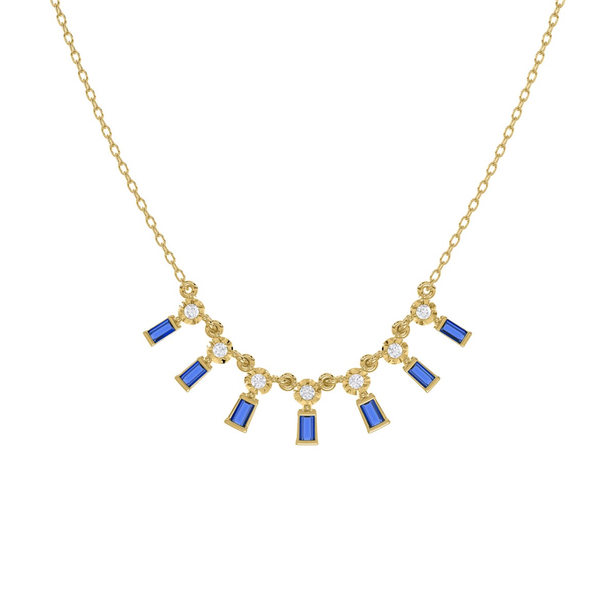 14K YELLOW GOLD 1/2CT ROUND/BAGUETTE BLUE SAPPHIRE DIAMOND LADIES NECKLACE 14K YELLOW GOLD 1/2CT ROUND/BAGUETTE BLUE SAPPHIRE DIAMOND LADIES NECKLACE