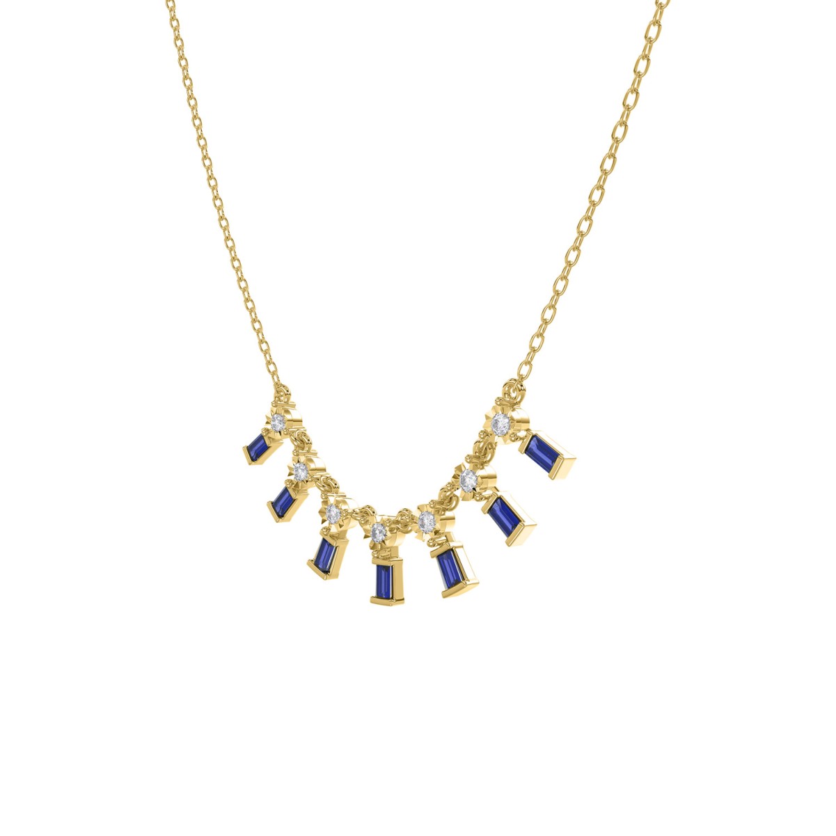 14K YELLOW GOLD 1/2CT ROUND/BAGUETTE BLUE SAPPHIRE DIAMOND LADIES NECKLACE 14K YELLOW GOLD 1/2CT ROUND/BAGUETTE BLUE SAPPHIRE DIAMOND LADIES NECKLACE